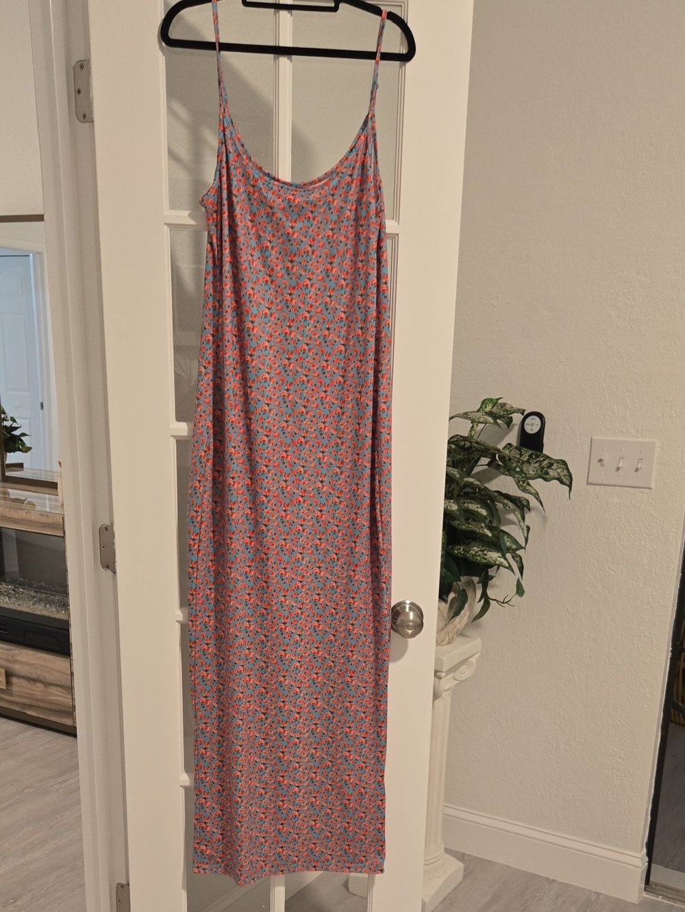 NWT SHEIN Blue With Pink Floral Design Maxi Slip Dress(XL)